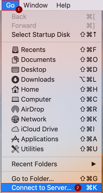 Finder, Go, Connect to Server